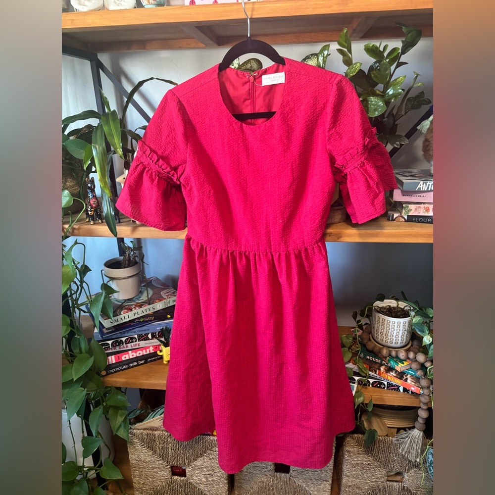 Rachel Parcell Red Textured Dress with Ruffled Short Sleeves | Small
